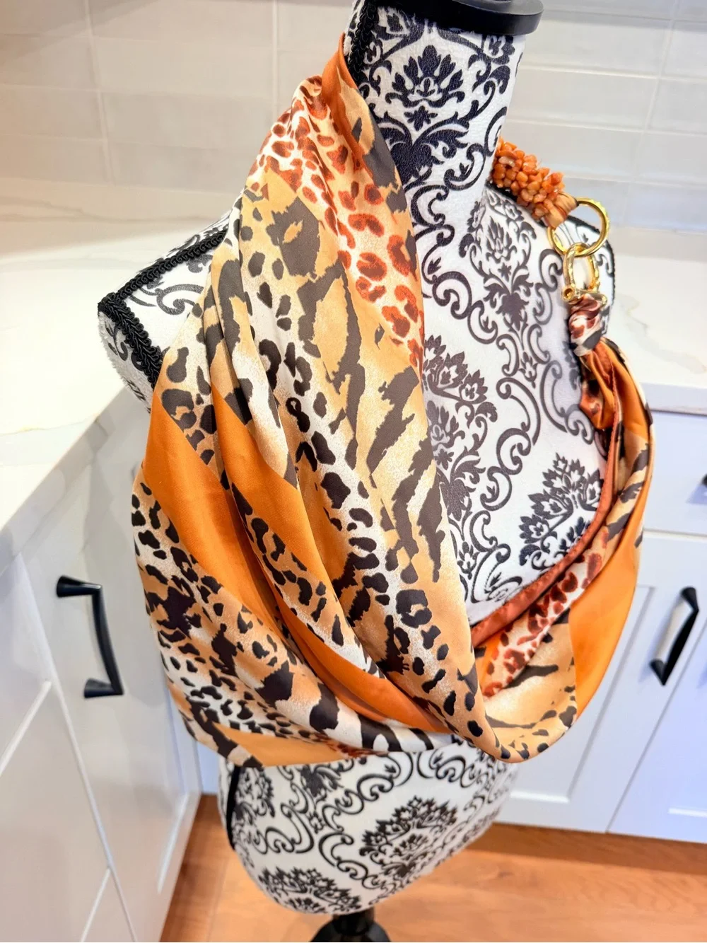 Animal Print Scarf Necklace Orange Stone Beads Gold Tone Statement Jewelry